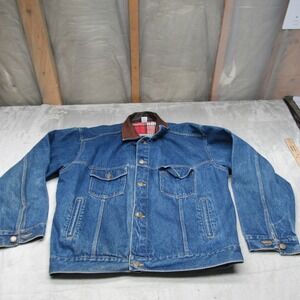 Marlboro Trucker Jacket Mens XL Blue Denim Plaid Flannel Lined Cowboy Ranch VTG